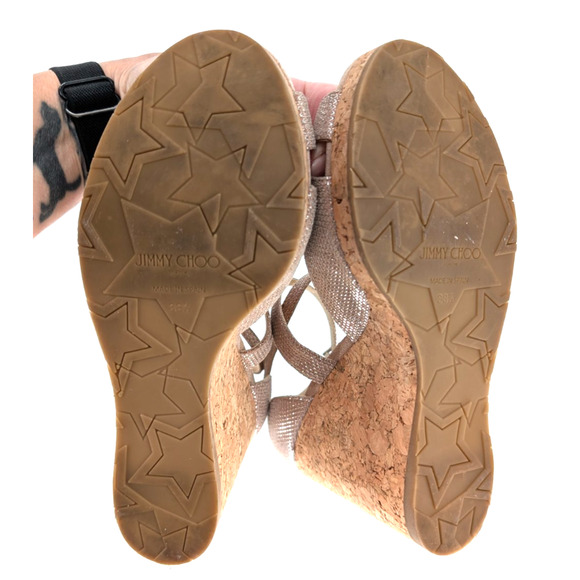 Jimmy Choo Alanah Cork Metallic Pink Suede Platform Wedge Sandals 8.5 Glam - Picture 14 of 15